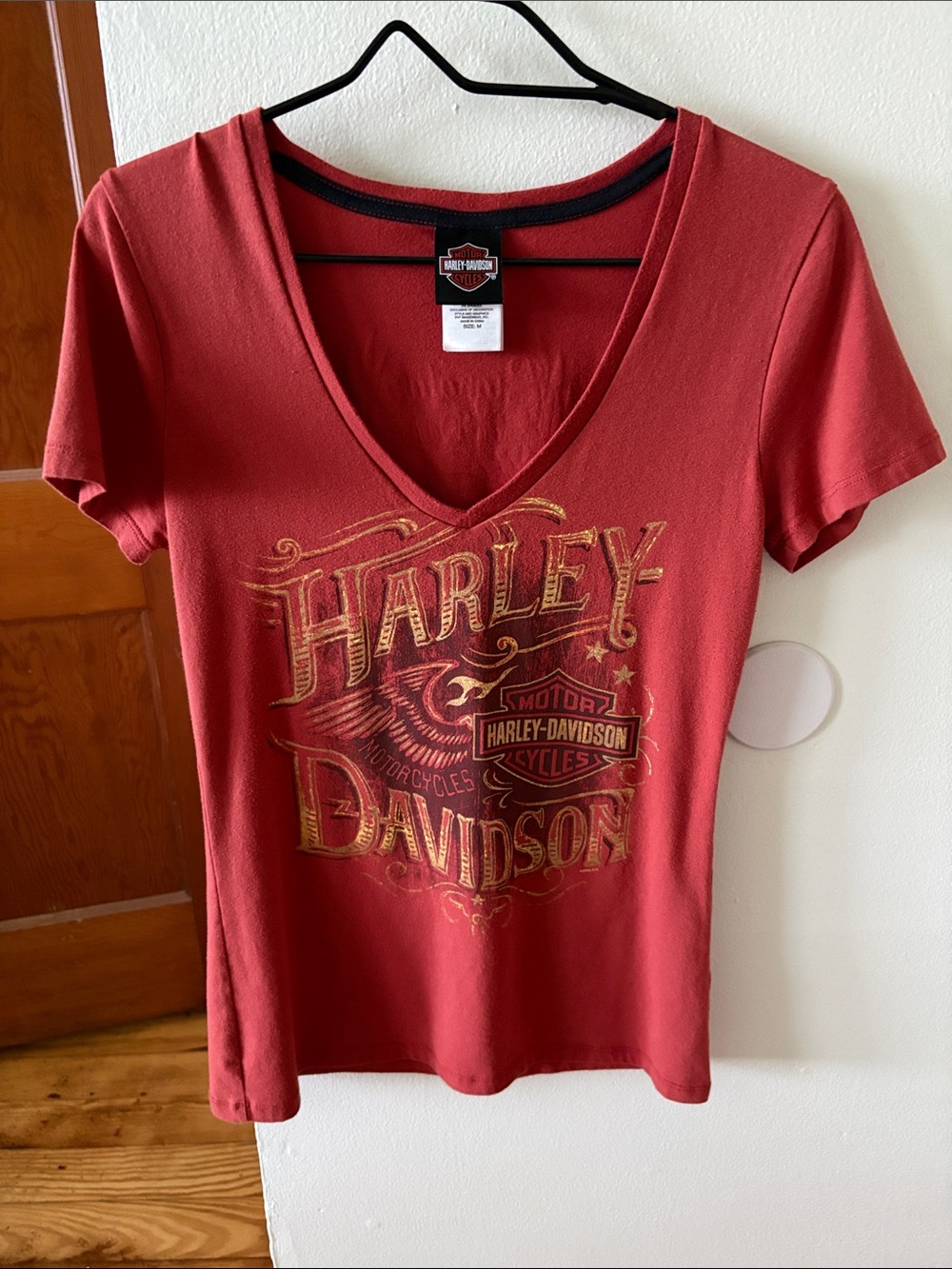 Harley-Davidson Rust colored V-Neck Tee with Gold Graphic